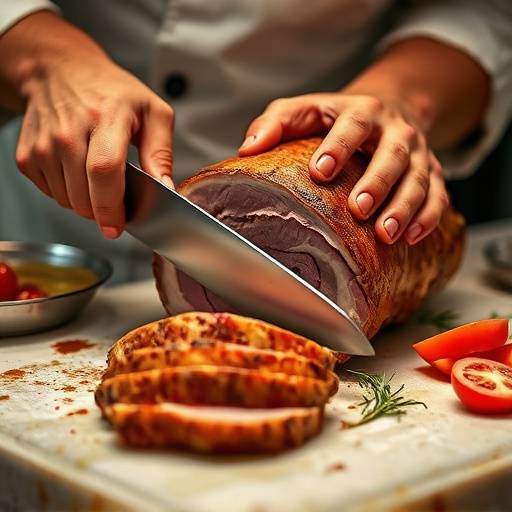 Il nostro chef che taglia un trancio di porchetta romana croccante