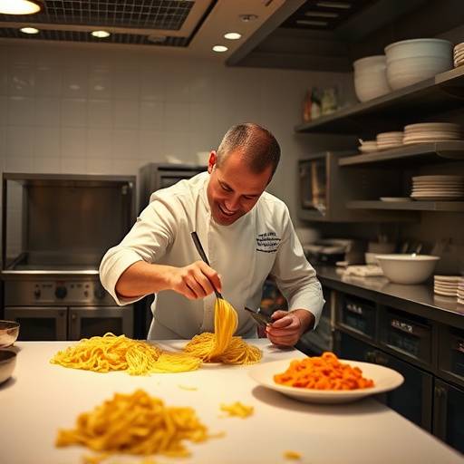 Il nostro chef, Marco Rossi, che prepara la pasta fresca nella cucina a vista
