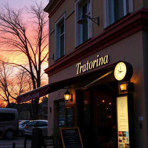 La facciata della Trattoria del Sole illuminata dal sole al tramonto, con l'insegna ben visibile.