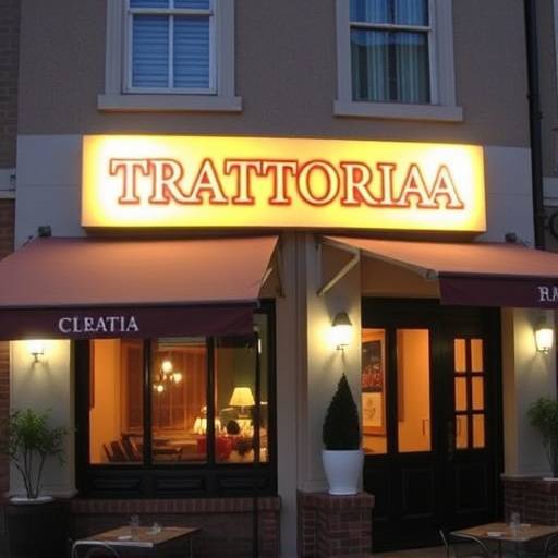 La facciata esterna de La Trattoria del Sole con l'insegna illuminata e tavolini all'aperto