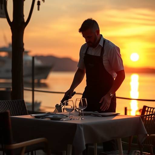 Un cameriere che pulisce un tavolo all'aperto al tramonto, creando un'atmosfera romantica