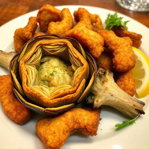 Un piatto di carciofi alla giudia, specialit&agrave; romana, fritti e croccanti