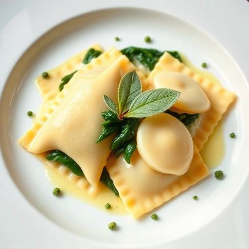 Un piatto di ravioli fatti in casa ripieni di ricotta e spinaci conditi con burro e salvia