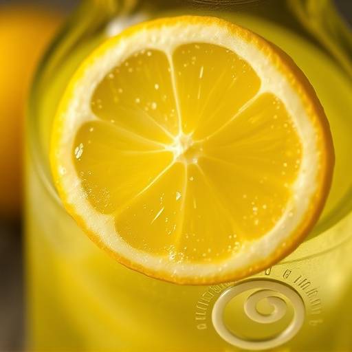 Un primo piano di un bicchiere di limoncello artigianale con scorza di limone