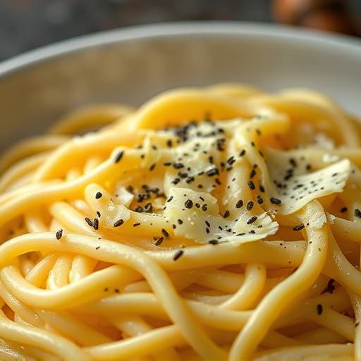 Un primo piano di un piatto di spaghetti alla carbonara fumante, guarnito con pecorino romano e pepe nero