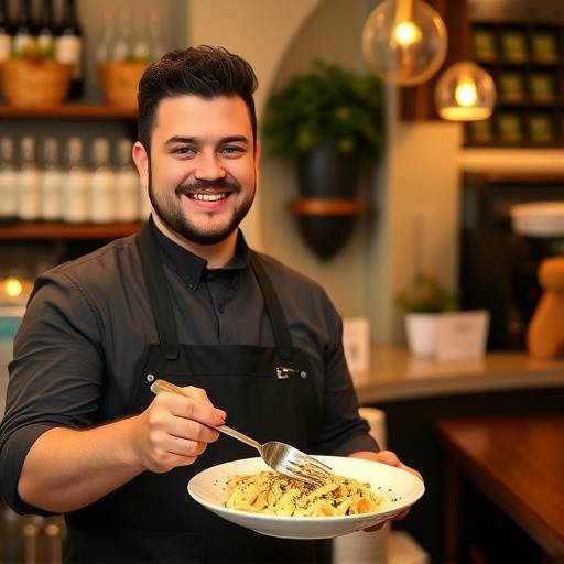 Un sorridente cameriere che serve un piatto di cacio e pepe a un cliente