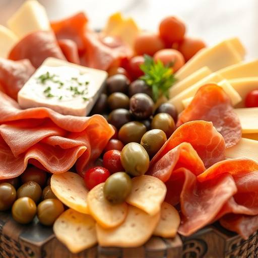 Un tavolo imbandito con antipasti misti italiani, tra cui prosciutto, formaggi e olive