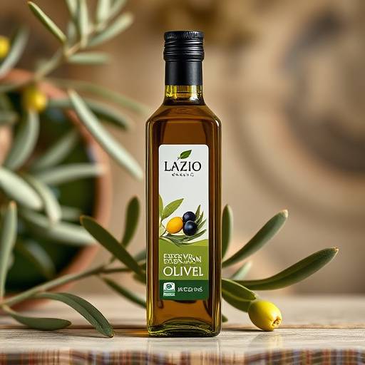 Una bottiglia di olio extra vergine di oliva biologico prodotto localmente nella regione Lazio