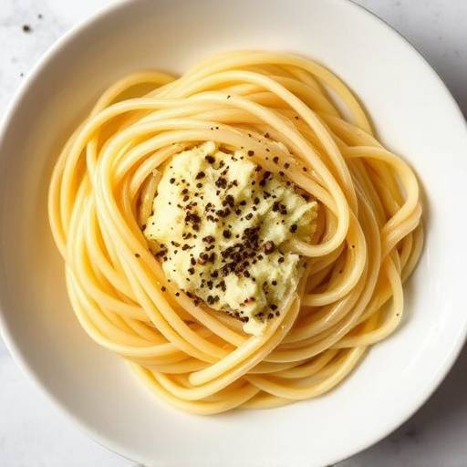 Una fumante porzione di Spaghetti alla Carbonara, guarniti con pecorino romano e pepe nero.