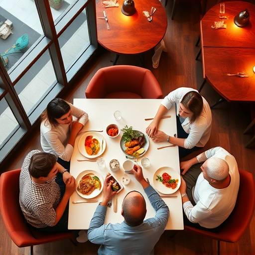 Una vista dall'alto di un tavolo con una famiglia che cena e ride insieme nel ristorante