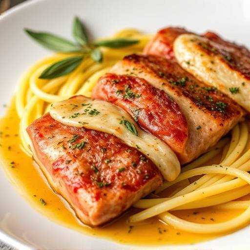 Una vista ravvicinata della preparazione di un piatto di saltimbocca alla romana con prosciutto e salvia